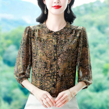 高端中年妈妈花 色真丝衬衫女2025夏季新款时尚气质百搭体恤衬衣