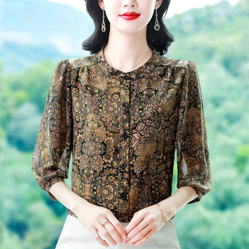 高端中年妈妈花 色真丝衬衫女2025夏季新款时尚气质百搭体恤衬衣