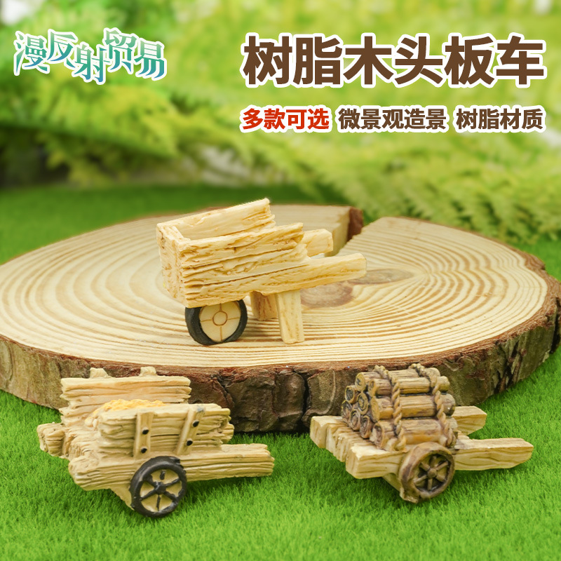 Spot musgo paisajismo accesorios de micropaisaje plantas en macetas carnosas, carros de resina, adornos, carros de paja con una sola rueda