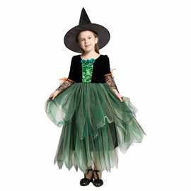 跨境新款万圣节服饰网纱裙儿童巫婆表演服cosplay女巫连衣裙配帽