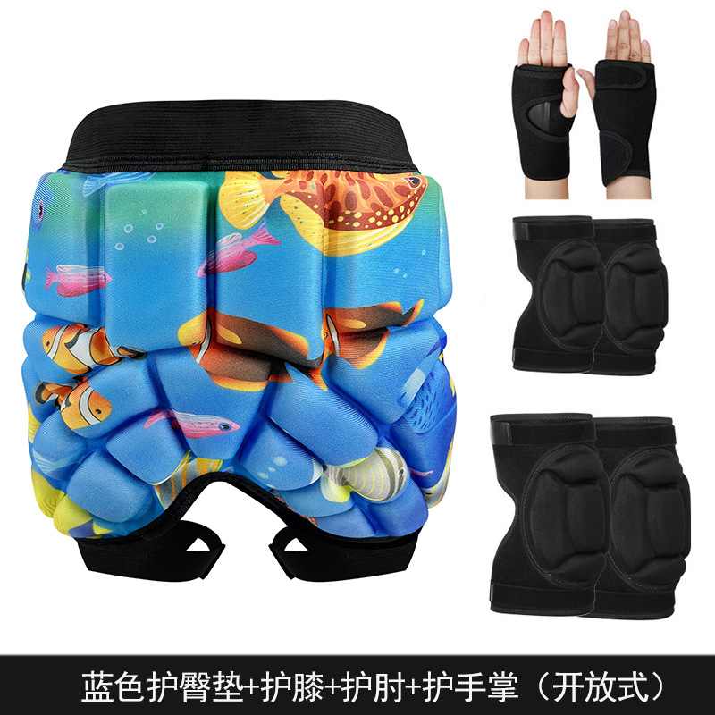 Protector de cadera azul, protector de rodilla, protector de codo, protector de palma (abierto)