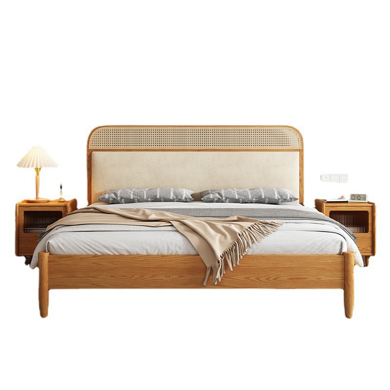 Cama de ratán nórdico cama de madera maciza 1,8 m bolsa suave estilo silencioso madera de Fresno dormitorio principal pequeño apartamento moderno simple cama de madera maciza