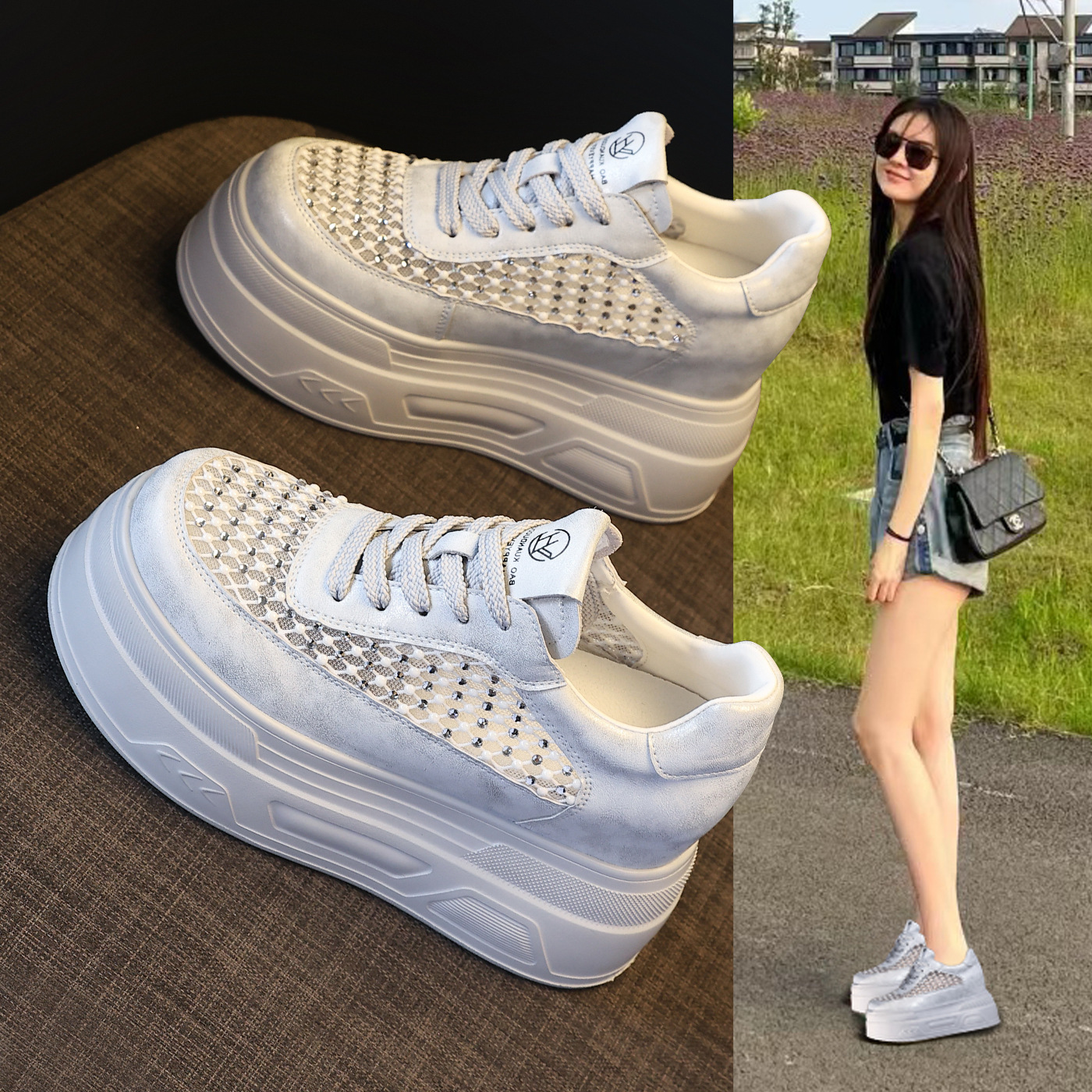 Giày sneaker nữ đế dày lưới thoáng, phối đá rhinestone, tăng chiều cao — màu trắng