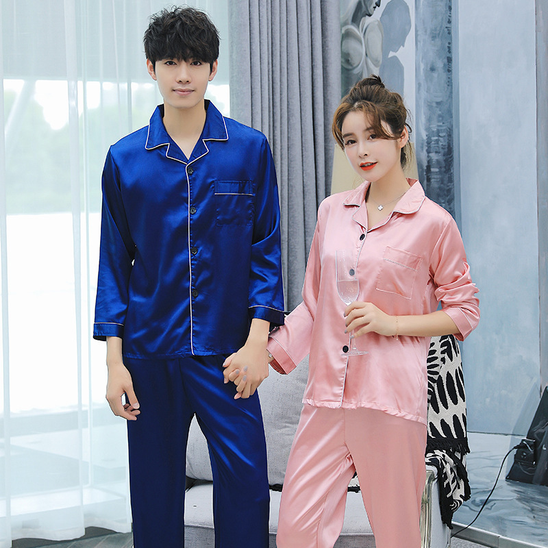 Directo de fábrica pareja pijamas de las mujeres primavera y otoño simple color sólido de seda de hielo de manga larga de seda artificial de los hombres desgaste del hogar traje