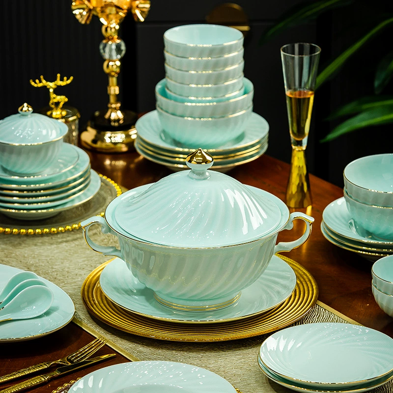 Qihuixuan Jingdezhen Gaobai Porcelain Tableware Set – Mint Green Bone China Bowls, 22–93 Pc