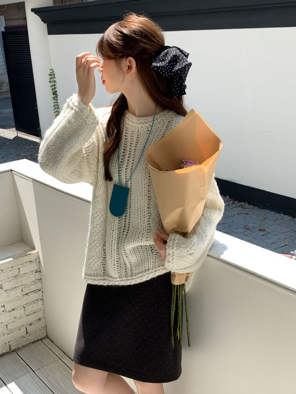 韩系麻花镂空设计感针织开衫女秋冬清新圆领气质慵懒毛衣外套上衣|undefined