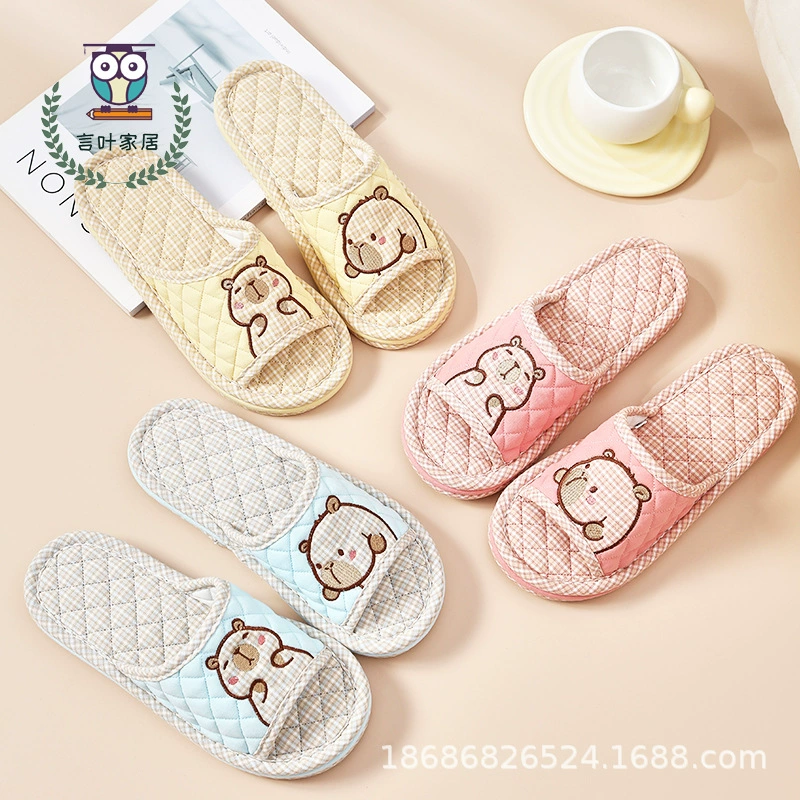 Трансграничный внешний одиночный капибала из чистого хлопка трехслойная толстая подошва ткани бесшумные тапочки женская спальня гостиная