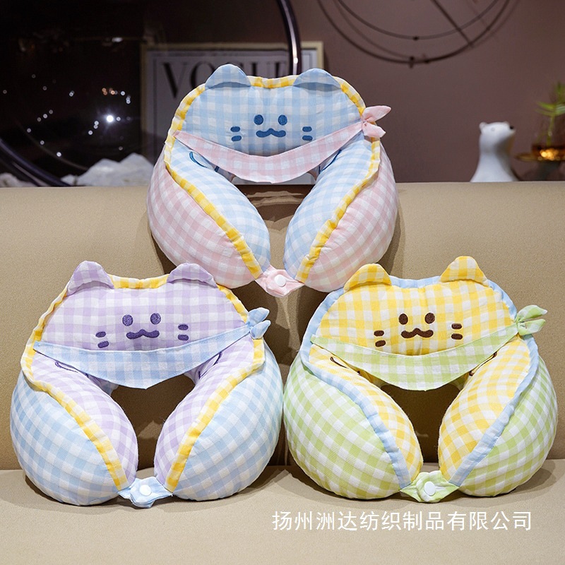 Cartoon toallas cuadradas Miao Plaid jorobas almohada en forma de U almohada de cuello adultos estudiantes dormir almohada de viaje almohada de columna cervical