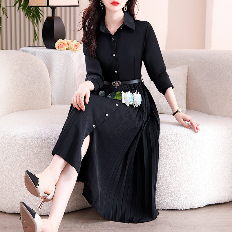 Single Layer Impervious Belt Autumn Shirt Pleated Skirt dress Long Sleeve Slimming Belt Waisted dress Women's Clothing