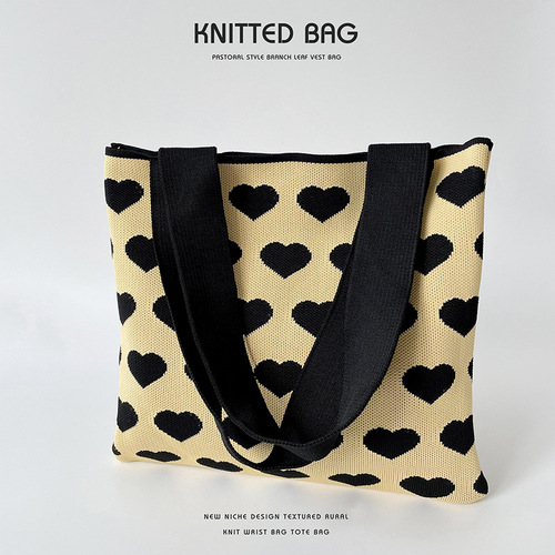 Bag Contrast Color Love Knitted Shoulder Bag Handbag Student Versatile Commuting Large Capacity Canvas Bag