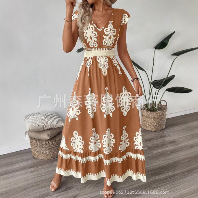 2025 국경 유럽 및 미국 여름 새로운 여성 의류 아마존 베스트 셀러 비치 스커트 홀리데이 스타일 인쇄 원피스