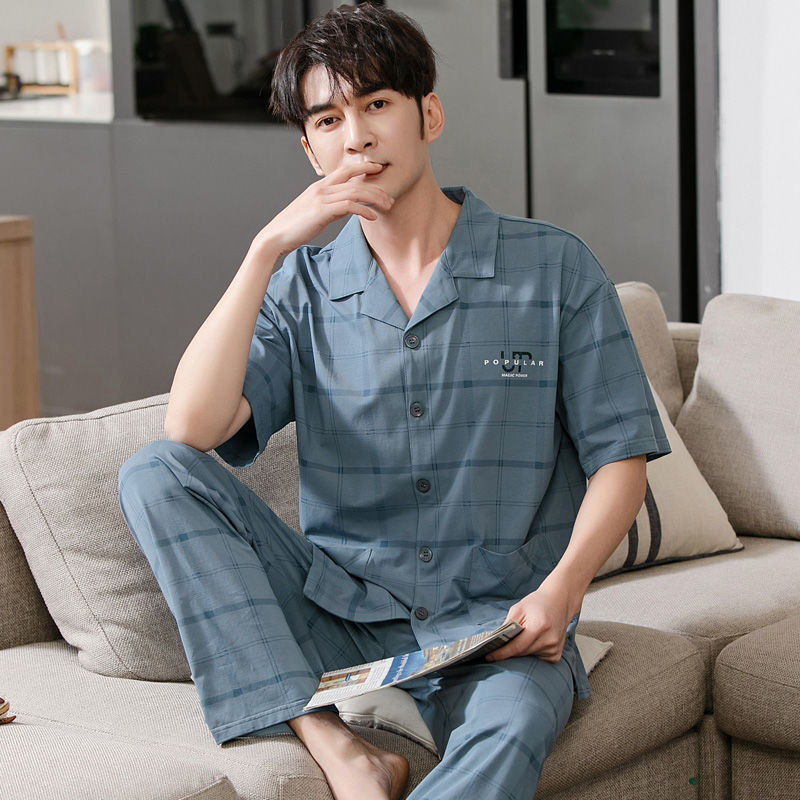 Pijamas de los hombres de verano 100% algodón pantalones de manga corta de media manga de primavera y otoño delgada cardigan ropa para el hogar más tamaño