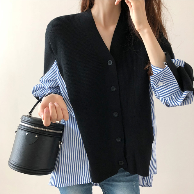 Korean Chic Splicing Fake Two-Piece Knitted Cardigan for Women in Autumn Design Niche Stripesd Shirt for Age Reduction and Loose Outer Wear