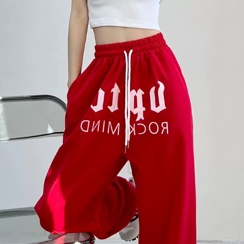 Красные спортивные брюки в hip-hop стиле для отдыха, европейский стиль, свободный крой, высокая талия