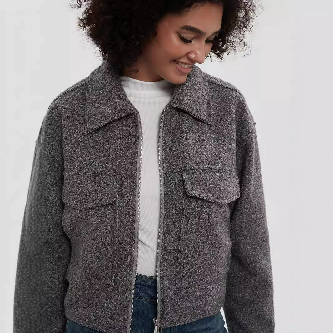 Трансграничная женская одежда оптом европейский и американский стиль модная куртка с отворотом осенью и зимой новый большой карман декоративный серый шерстяной куртка