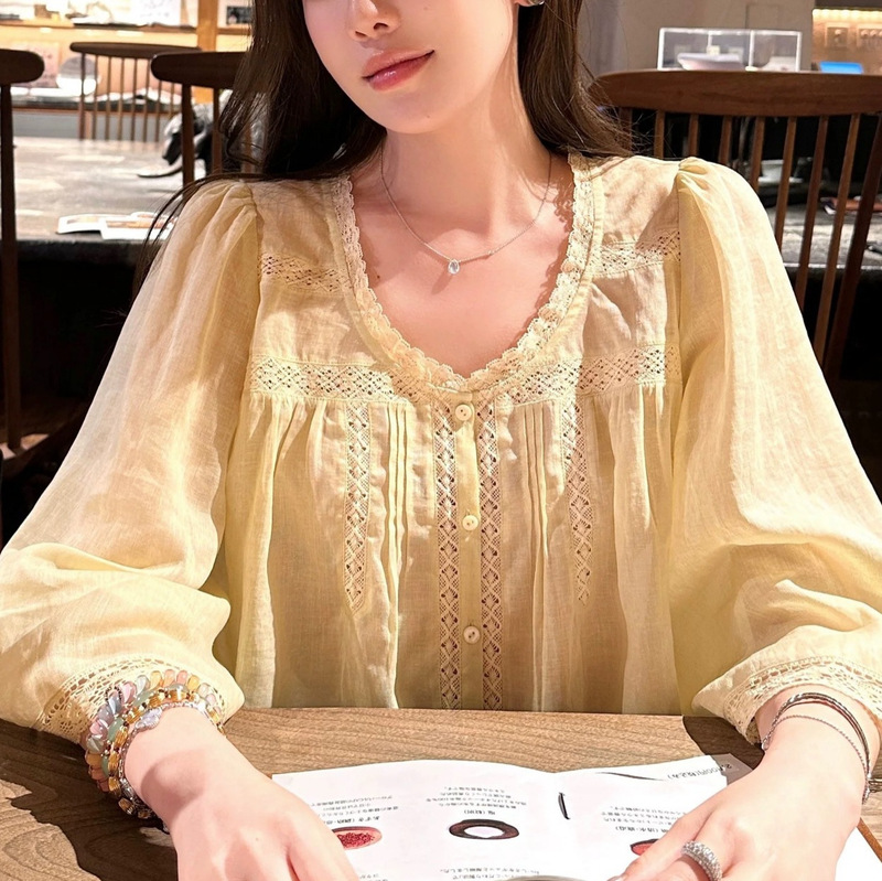 Butterfly Baby Delight: Gentle and Slimming Lace Water-Sleeve Ramie Doll Shirt, Loose Tencel Ramie Blouse for Women Butterfly Baby Delight: Gentle and Slimming Lace Water-Sleeve Ramie Doll Shirt, Loose Tencel Ramie Blouse for Women