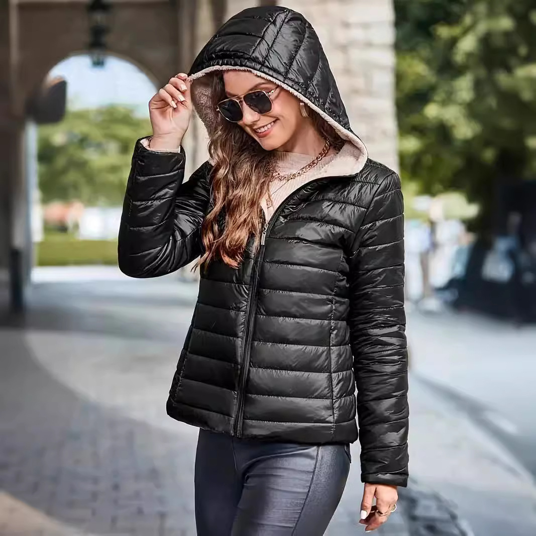 Ropa de mujer Nuevo abrigo de algodón de terciopelo con capucha de estilo corto y estilo caliente de otoño e invierno, tops de piel de cordero cálidos, chaqueta de mujer_voghion.com