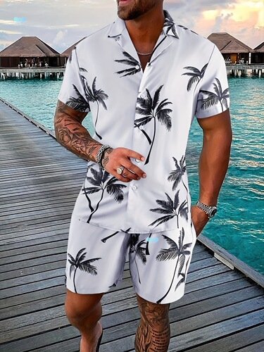 Men's Summer Tropical Palm Tree Print Pajama Set Polyester