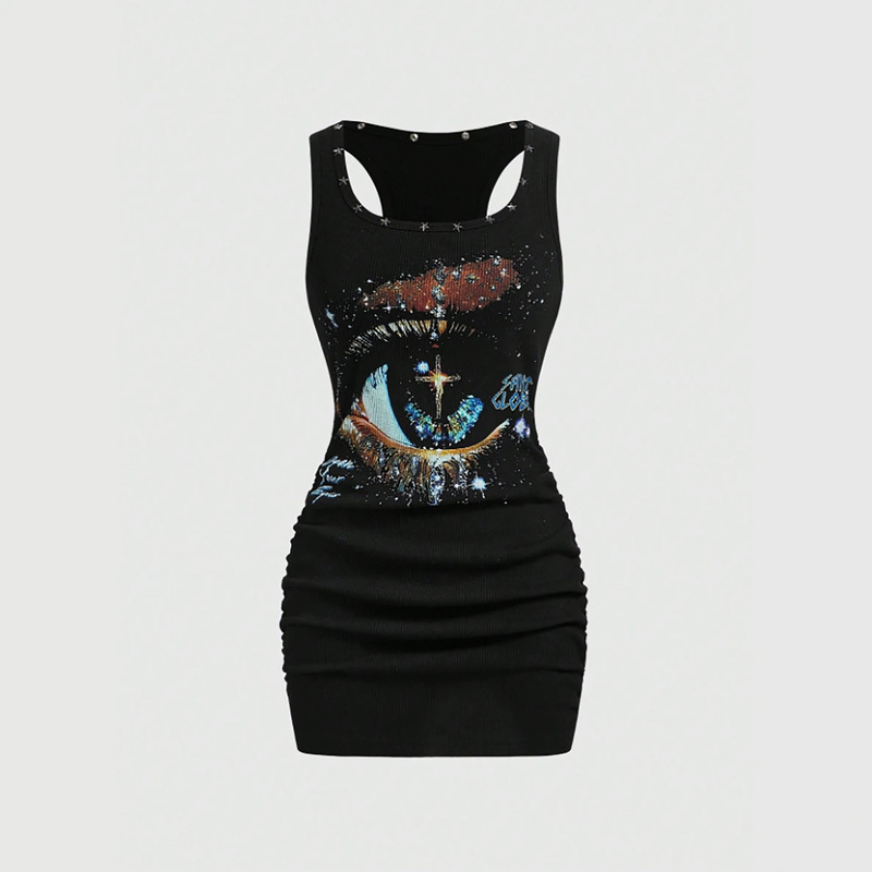 2026 European and American fashion slim-fit bodycon dress, foreign trade cross-border sleeveless printed rivet square-neck mini dress 2026 European and American fashion slim-fit bodycon dress, foreign trade cross-border sleeveless printed rivet square-neck mini dress