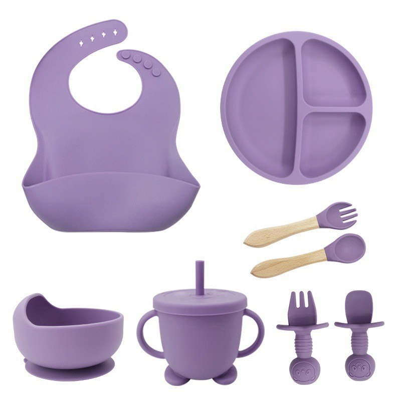 Conjunto de 8 piezas de artículos para niños y madres, cubiertos para bebés, platos para niños, platos de silicona, cubiertos