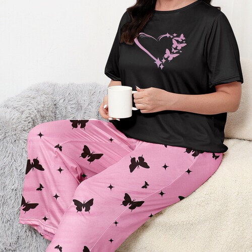 Summer thin sleepwear set for women, short sleeve long pants, summer round neck home clothes set, suitable for export and wholesale, can be worn outside