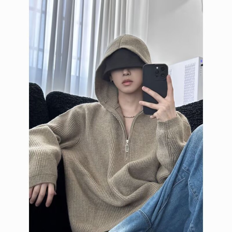 khaki cleanfit Knitted Hooded Sweater Men's Autumn and Winter Half Zipper Base Shirt Lazy Style High-grade Sweater khaki cleanfit Knitted Hooded Sweater Men's Autumn and Winter Half Zipper Base Shirt Lazy Style High-grade Sweater