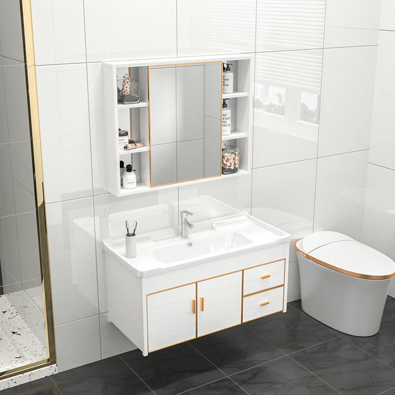 Nueva Luz de lujo espacio de aluminio gabinete de baño lavabo gabinete combinación baño lavabo mesa de lavado montado en la pared simple