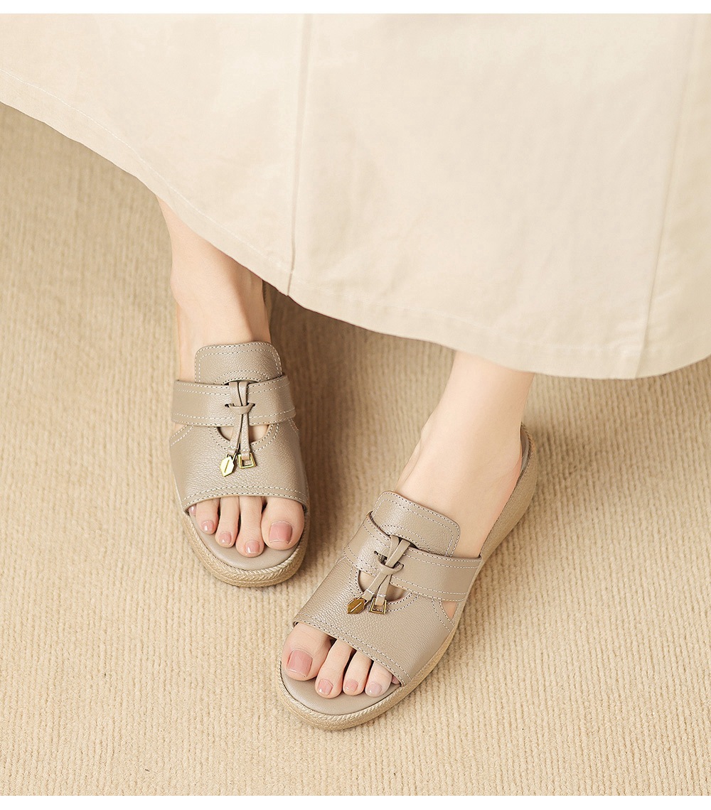 Sandal nữ quai chữ V đế bánh mì da dê hở mũi — màu trắng ngà chi tiết 20