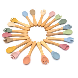 Baby's wooden handle fork spoon feeding set children's wooden handle fork spoon set silicone spoon Fork baby's complementary food fork spoon set