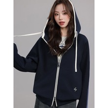 藏青色卫衣女薄款外套2025春秋新款白色包边撞色开衫设计感连帽衫