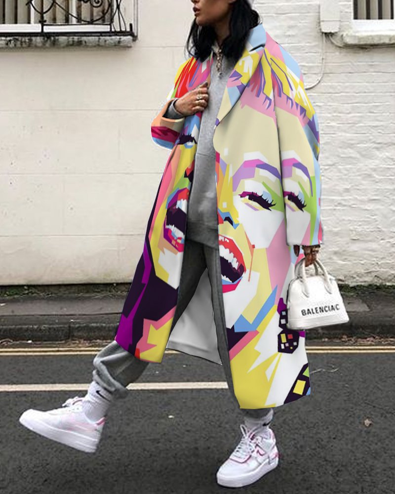 Women's Fashion Color Block Printing Placket Coat Woolen Coat display picture 2