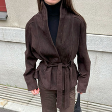 2025秋冬新款复古麂皮绒长袖夹克磨砂绒外套女设计感气质休闲跨境
