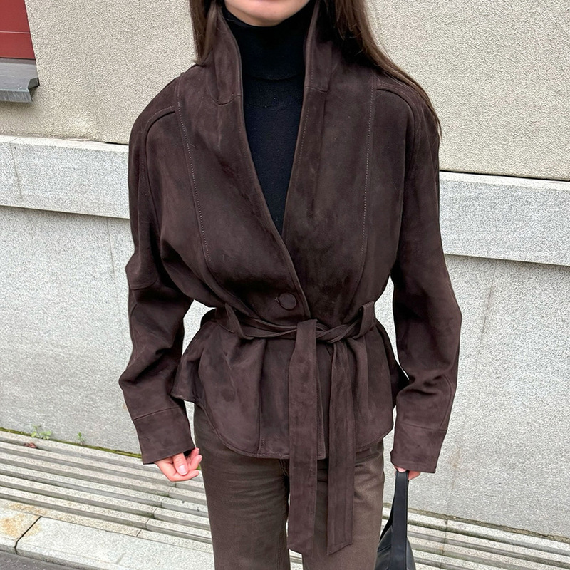 European and American Cross-Border 2025 Autumn and Winter Women's Retro Style Suede Long-Sleeve Frosted Velvet Jacket with Belt Design