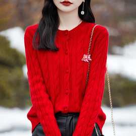 春装100%纯羊毛开衫女圆领宽松红色毛衣外套发财鱼针织羊毛衫外搭
