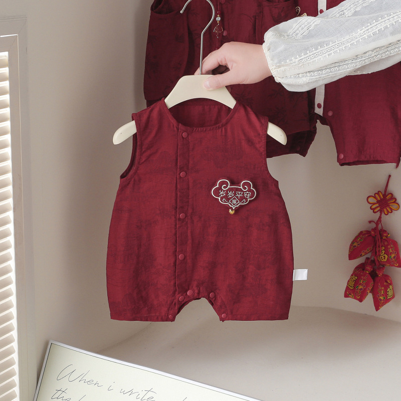 Baby's First Birthday Outfit: Summer Sleeveless Lightweight Infant Romper, Red Traditional Chinese Style Tang Suit, One-Year-Old Crawling Suit