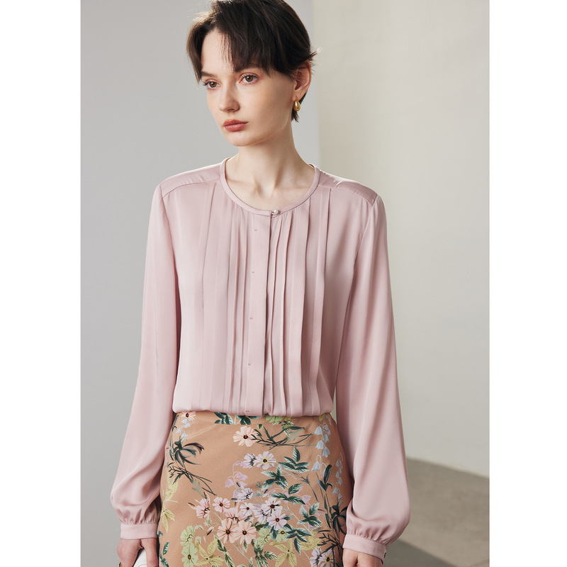 Silk Shirt for Women 2026 Spring/Summer Round Neck Ribbed Solid Color Commuter 19 Momme Stretch Double Georgette Mulberry Silk Shirt