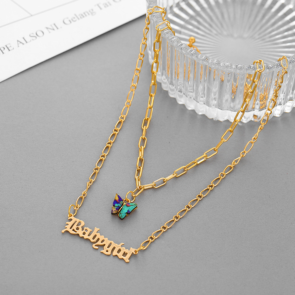 Butterfly Pendant Necklace Creative Retro Multilayer English Letter Pendant Pin Bone Chain display picture 4