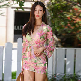 新款分体泳衣女性感修身显瘦遮肉甜妹拼色比基尼四件跨境一件代发