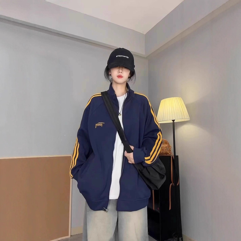 2025早秋新款宽松美式复古条纹卫衣外套女撞色立领拉链长袖棒球服|undefined