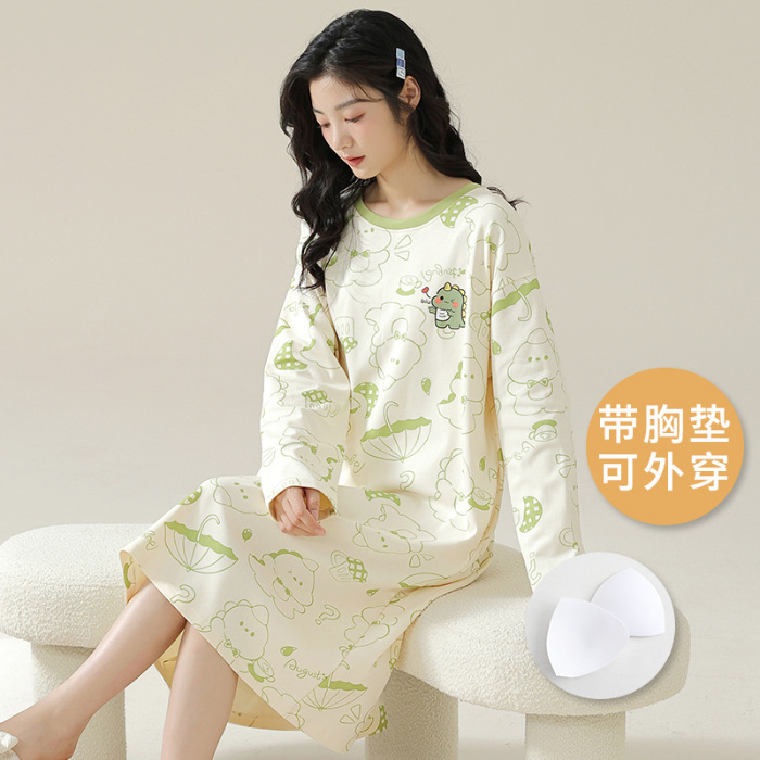 2024 pijama de primavera y otoño de mujeres cuello redondo pijama de manga larga estilo coreano delgado con cojín de pecho dibujos animados larga ropa de hogar encantadora