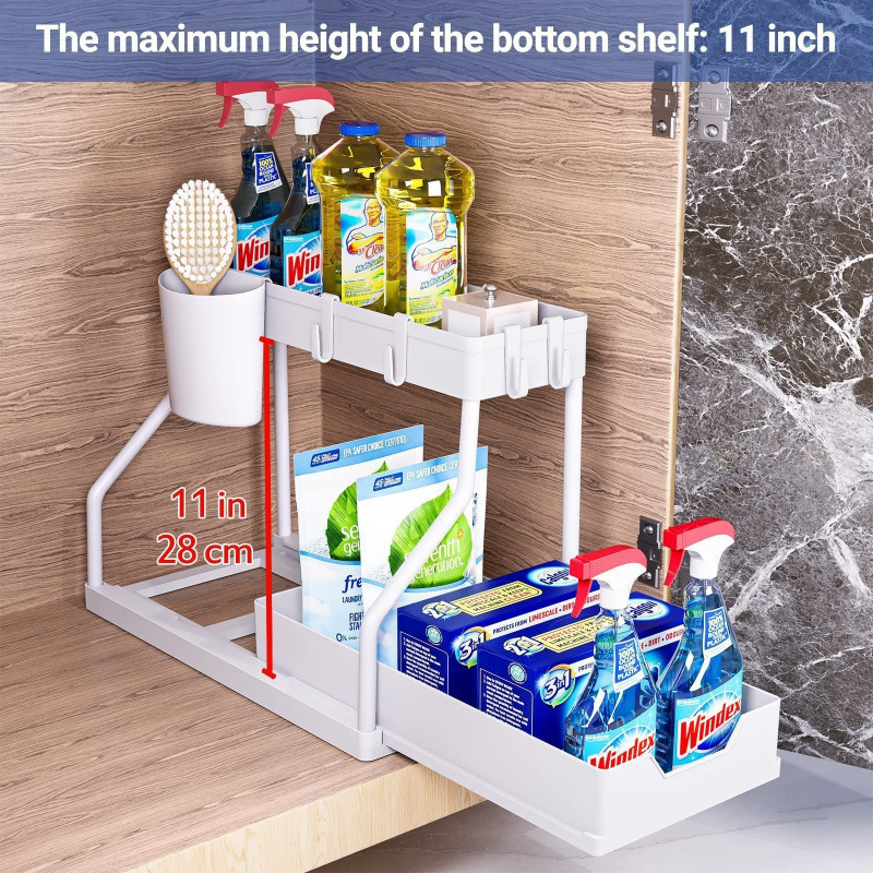 New Dirt Rack Kitchen Bathroom Water R-type Storage Rack Double-layer Storage Box-type Sliding Storage Rack