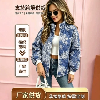 欧美跨境大码女装花卉印花短款棉服立领拉链松紧袖显瘦女外套