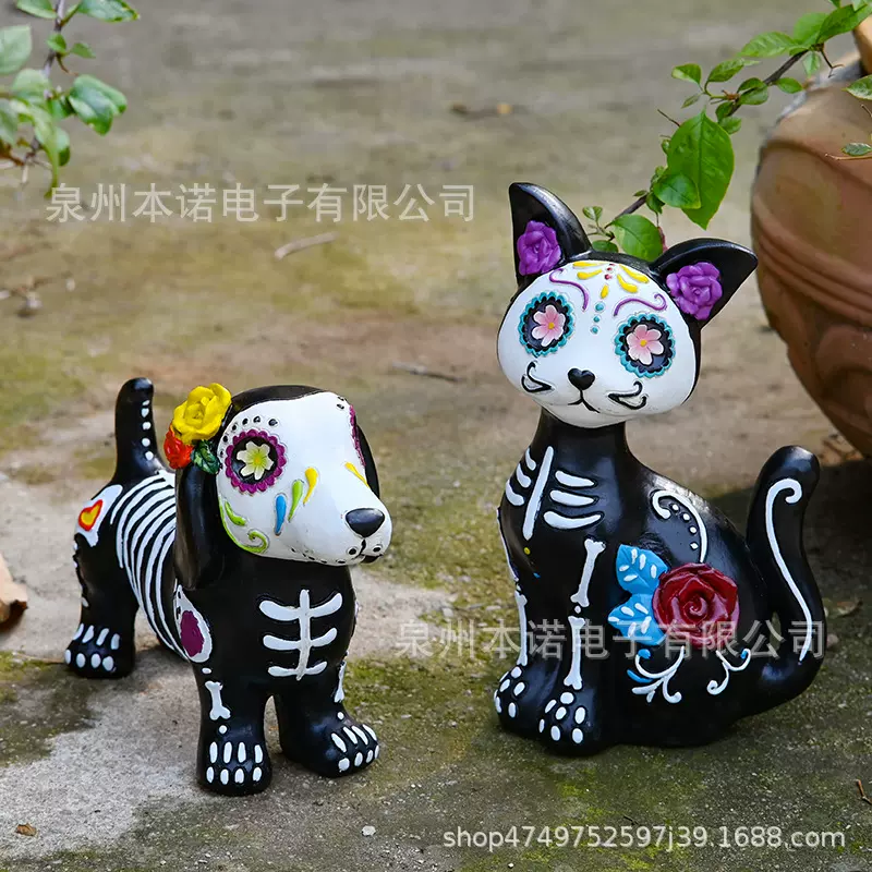 跨境万圣节骷髅头猫狗家居桌面鬼屋氛围节日装饰树脂雕像动物摆件