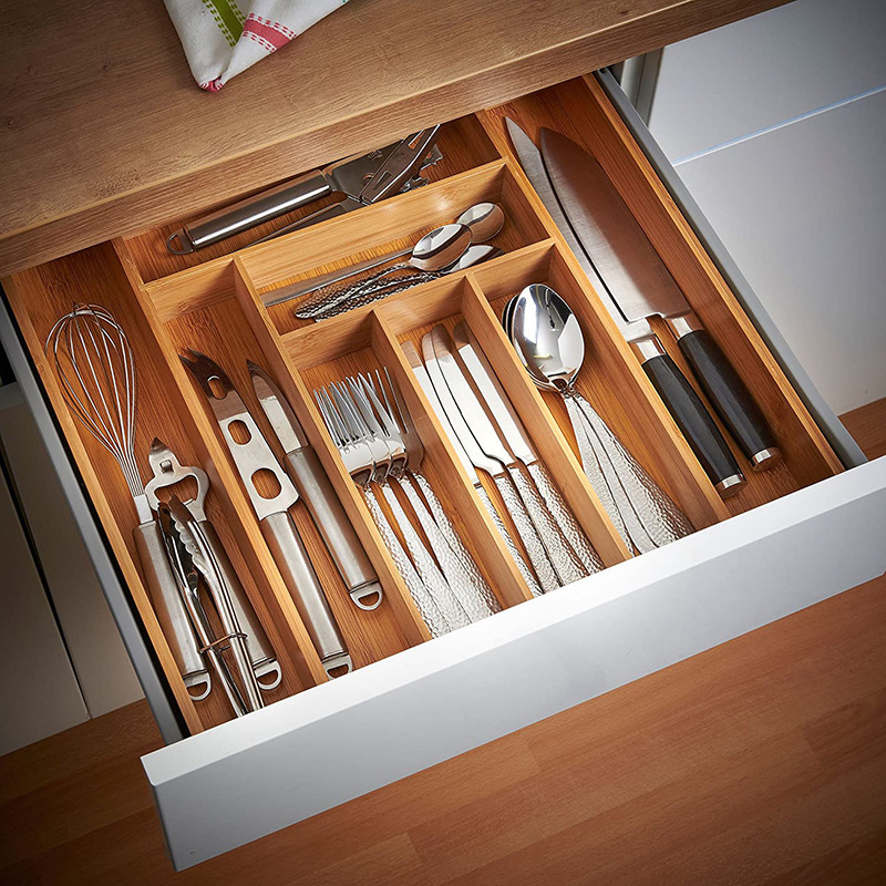 Retractable Cutlery Box Bamboo Adjustable Division Format Western Food Utensils Tableware Tray Household Kitchen Supplies Storage Box