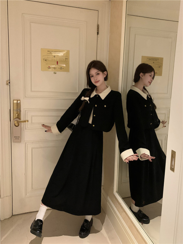 【外套+半身裙】灯芯绒撞色长袖夹克+高腰A字半身裙女秋冬两件套|undefined