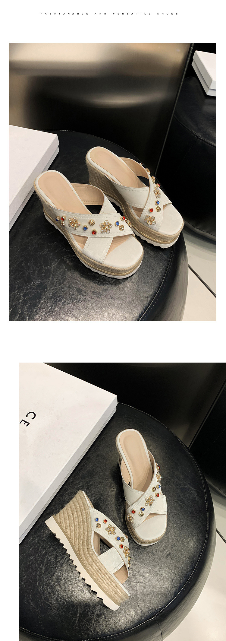 Sandal cao gót nữ hở mũi đế xuồng đan rơm, đính đá, quai ngang da thật — màu trắng ngà, màu kaki chi tiết 11