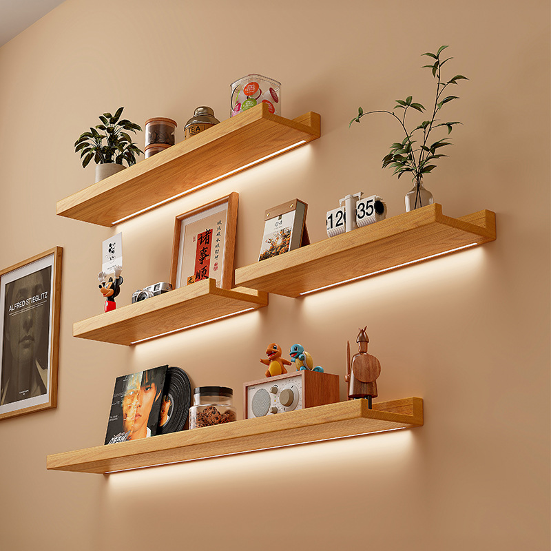 墙上置物架实木免打孔一字板松木板客厅家用挂墙面装饰搁板带灯光