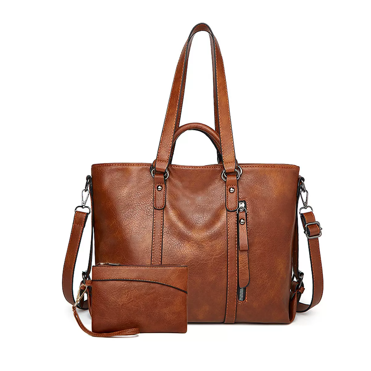 跨境大容量欧美风复古油蜡皮托特女包2024秋款单肩斜挎手提两件套