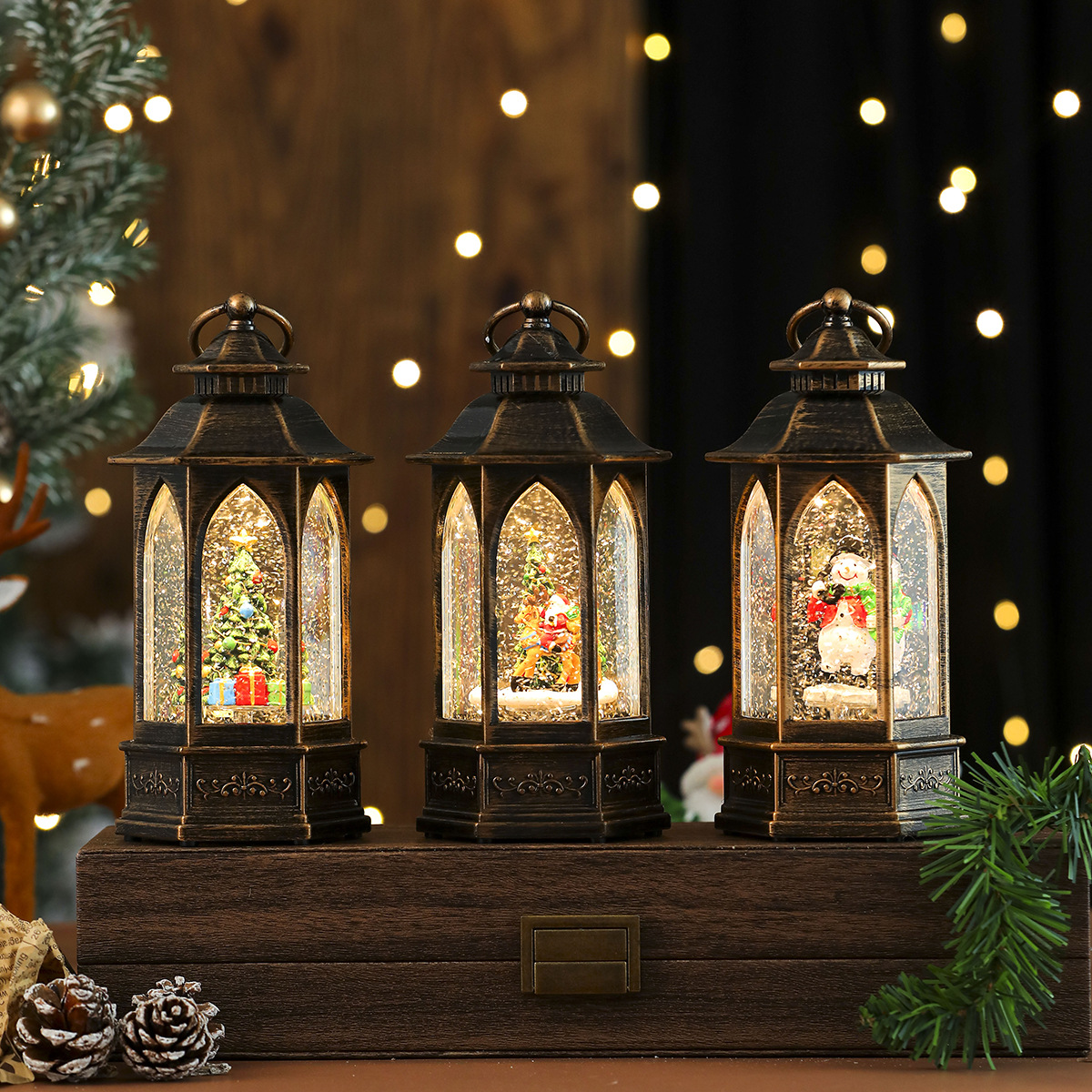 Nueva lámpara de aceite de inyección de agua hexagonal de nieve giratoria luminosa, decoración de caja de música, decoración de regalo de Navidad, linterna