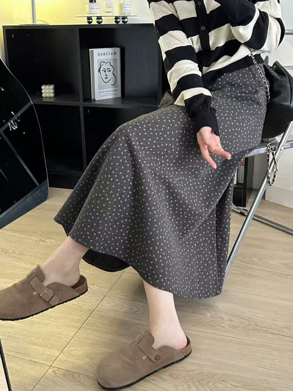 设计感松紧腰A字碎花毛呢半身裙女秋冬季新款韩系高级感灰色长裙|undefined